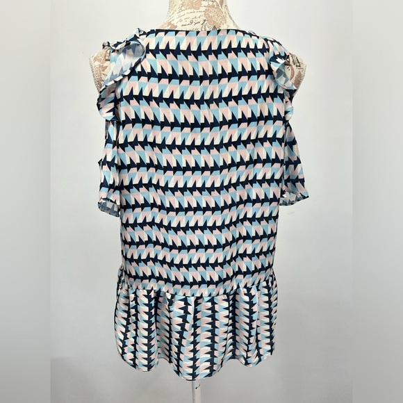 🛍️PARKER Navy,light blue & pink geometric print shoulder cutout blouse‎ size M. - Picture 7 of 14